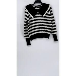 OVER KLESHAS Women’s Black-White Collared Knit Striped Sweater SZ L/XL